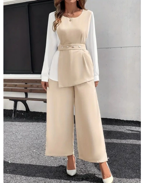 Kadın Uzun Kollu Açık Yakalı çift Renkli Kemerli Ithal Krep Ikili Takım