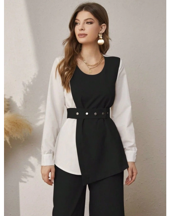 Kadın Uzun Kollu Açık Yakalı çift Renkli Kemerli Ithal Krep Ikili Takım