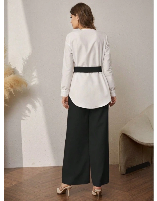 Kadın Uzun Kollu Açık Yakalı çift Renkli Kemerli Ithal Krep Ikili Takım