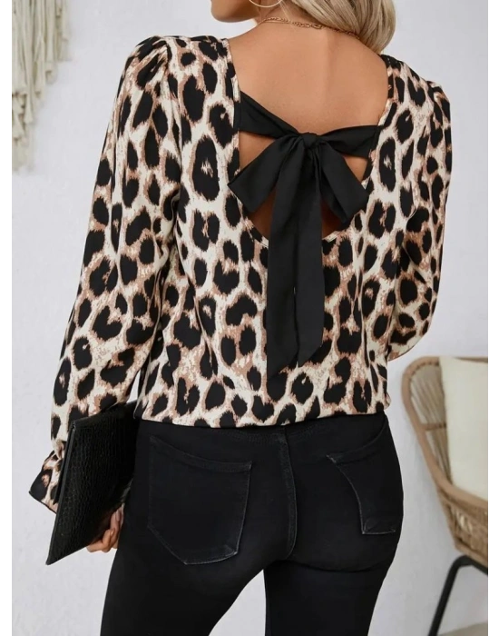 Kadın Uzun Kollu Arkadan Fiyonk Detaylı Leopar Desenli Süprem Bluz