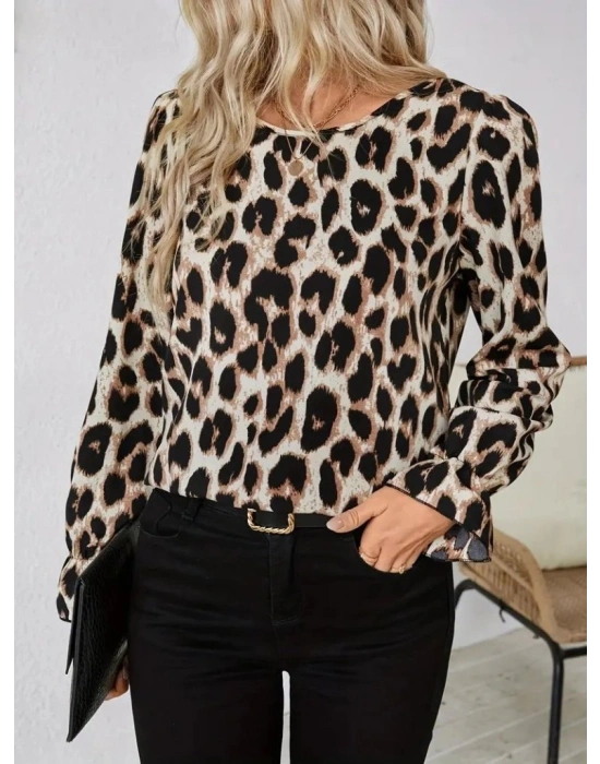 Kadın Uzun Kollu Arkadan Fiyonk Detaylı Leopar Desenli Süprem Bluz