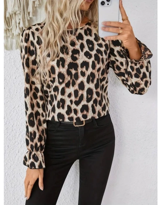 Kadın Uzun Kollu Arkadan Fiyonk Detaylı Leopar Desenli Süprem Bluz