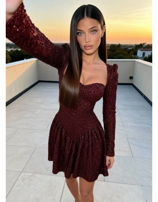 Kadın Uzun Kollu Armut Yaka Pul Payet Işlemeli Mini Gece Elbisesi