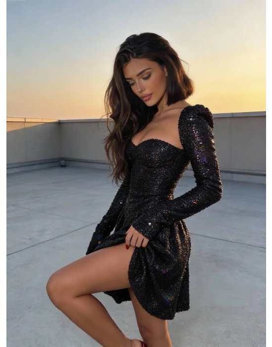 Kadın Uzun Kollu Armut Yaka Pul Payet Işlemeli Mini Gece Elbisesi