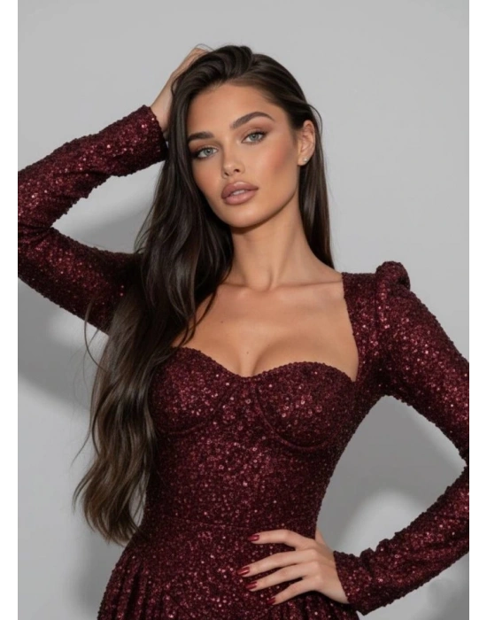 Kadın Uzun Kollu Armut Yaka Pul Payet Işlemeli Mini Gece Elbisesi