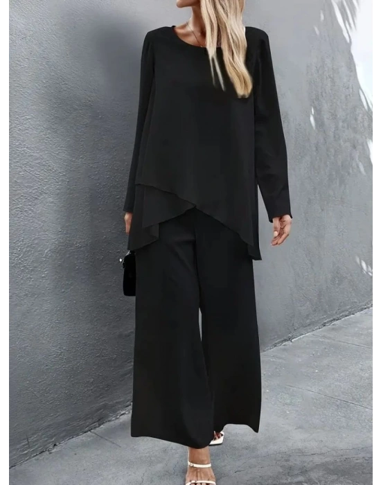 Kadın Uzun Kollu Asimetrik Detaylı Salaş Sandy Bluz Ve Pantolon Ikili Takım