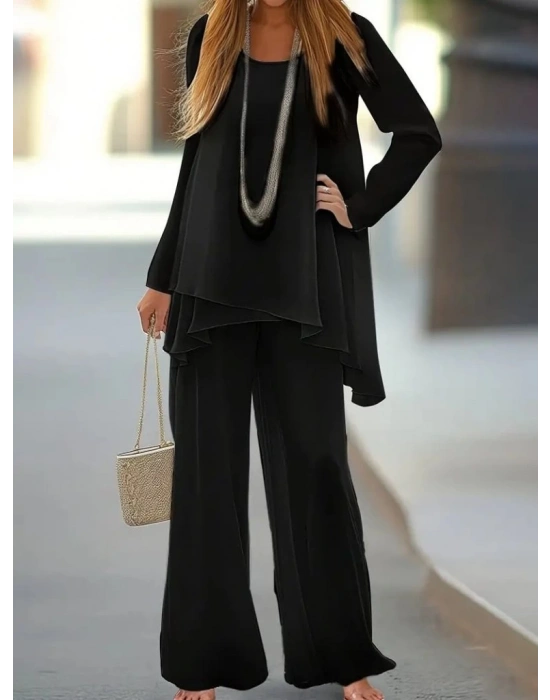Kadın Uzun Kollu Asimetrik Detaylı Salaş Sandy Bluz Ve Pantolon Ikili Takım