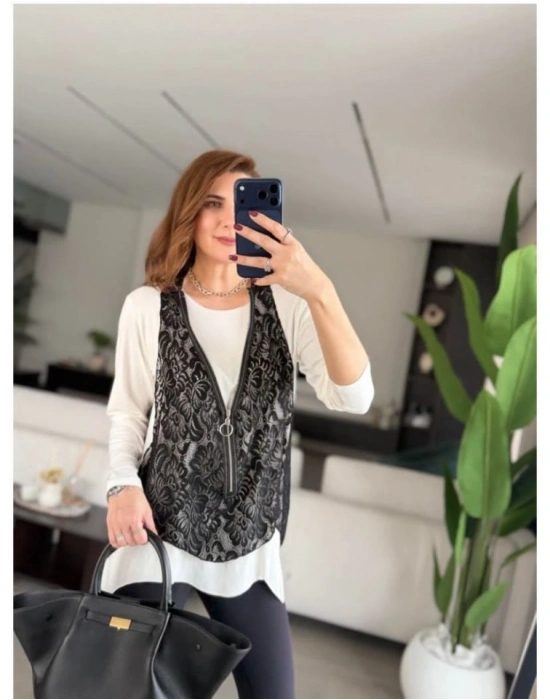 Kadın Uzun Kollu Asimetrik Kesim Bluz Ve Dantel Güpür Transparan Detay Fermuarlı Yelek Ikili Takım