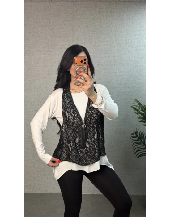 Kadın Uzun Kollu Asimetrik Kesim Bluz Ve Dantel Güpür Transparan Detay Fermuarlı Yelek Ikili Takım