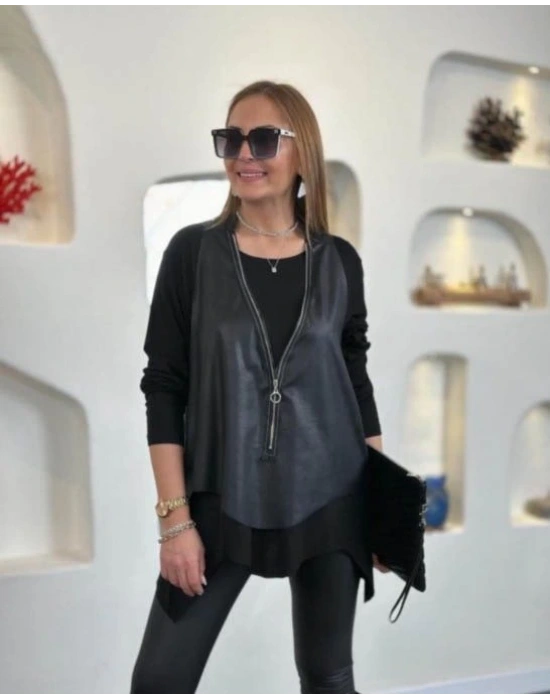 Kadın Uzun Kollu Asimetrik Kesim Viskon Bluz Ve çatlak Deri Görünümlü Yelek Ikili Takım