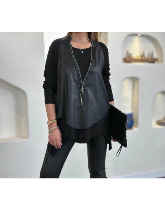 Kadın Uzun Kollu Asimetrik Kesim Viskon Bluz Ve çatlak Deri Görünümlü Yelek Ikili Takım