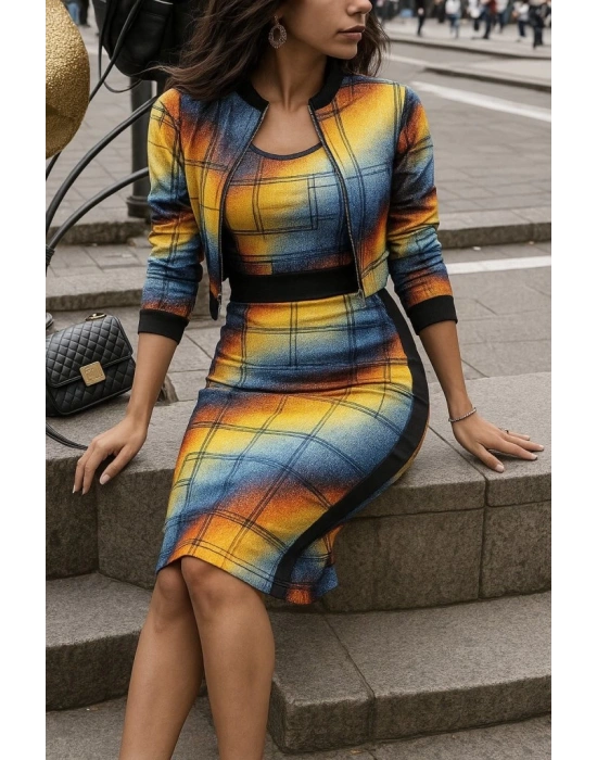 Kadın Uzun Kollu Askılı Yuvarlak Yaka Desenli Dalgıç Bluz Ceket Ve Etek üçlü Takım