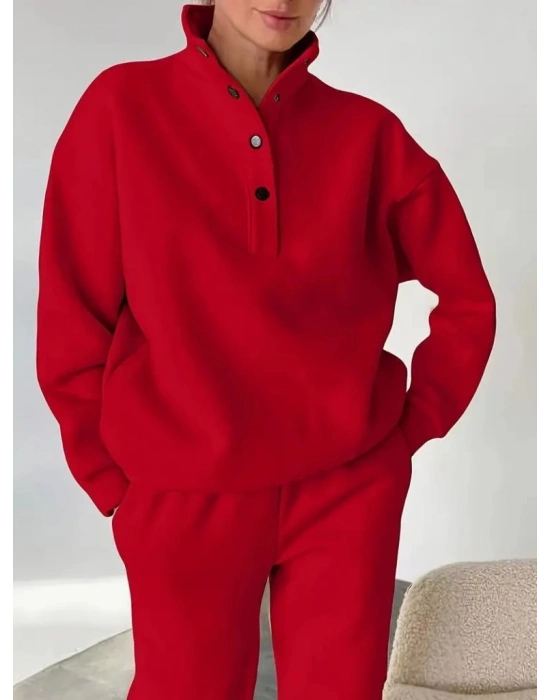 Kadın Uzun Kollu Balıkçı Dik Yakalı Düğmeli üç Iplik Bluz Ve Pantolon Ikili Takım