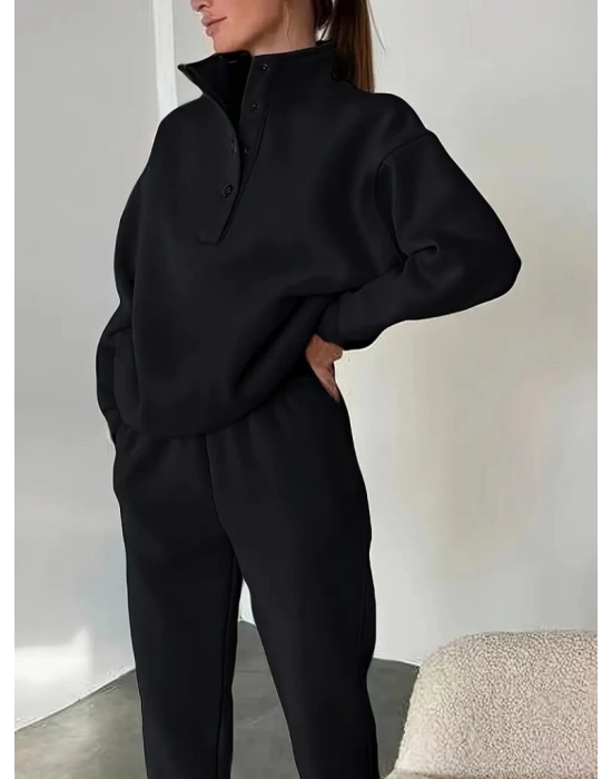 Kadın Uzun Kollu Balıkçı Dik Yakalı Düğmeli üç Iplik Bluz Ve Pantolon Ikili Takım