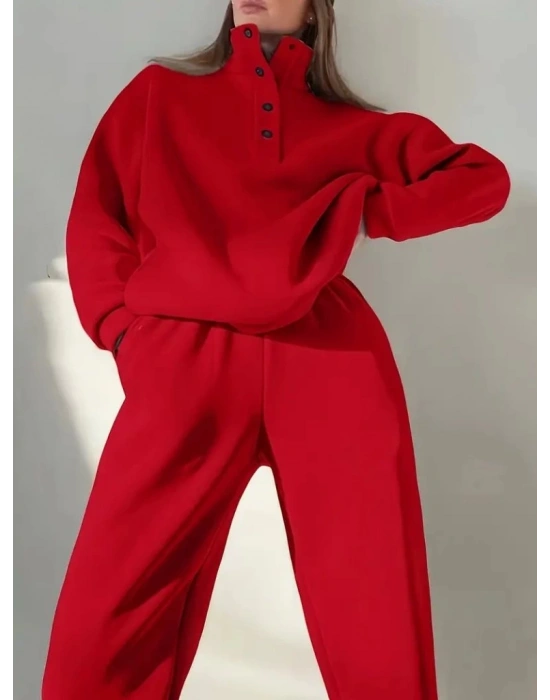 Kadın Uzun Kollu Balıkçı Dik Yakalı Düğmeli üç Iplik Bluz Ve Pantolon Ikili Takım