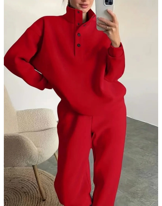 Kadın Uzun Kollu Balıkçı Dik Yakalı Düğmeli üç Iplik Bluz Ve Pantolon Ikili Takım