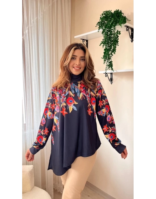 Kadın Uzun Kollu Balıkçı Yaka Asimetrik Kesim Dalgıç Kumaş Bluz