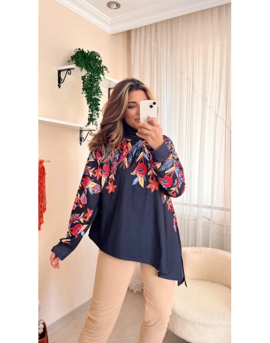 Kadın Uzun Kollu Balıkçı Yaka Asimetrik Kesim Dalgıç Kumaş Bluz