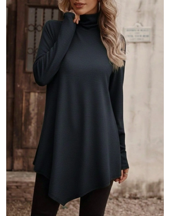 Kadın Uzun Kollu Balıkçı Yaka Asimetrik Kesim Detaylı Antrasit Yün Viskon Bluz