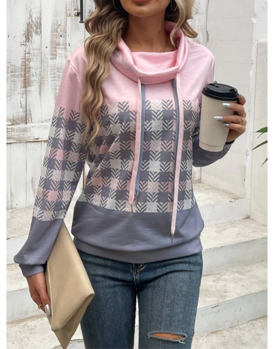 Kadın Uzun Kollu Balıkçı Yaka Bağcıklı Desenli şardonlu Dalgıç Bluz