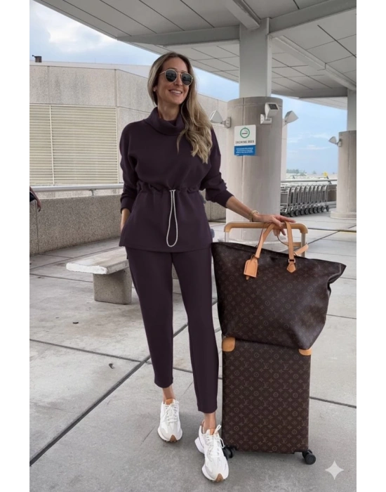 Kadın Uzun Kollu Balıkçı Yaka Belden Lastikli Modal Bluz Ve Pantolon Ikili Takım