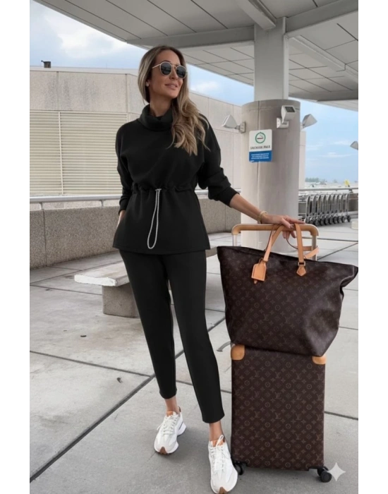 Kadın Uzun Kollu Balıkçı Yaka Belden Lastikli Modal Bluz Ve Pantolon Ikili Takım