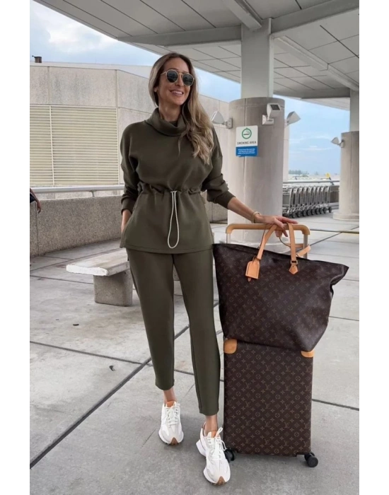 Kadın Uzun Kollu Balıkçı Yaka Belden Lastikli Modal Bluz Ve Pantolon Ikili Takım