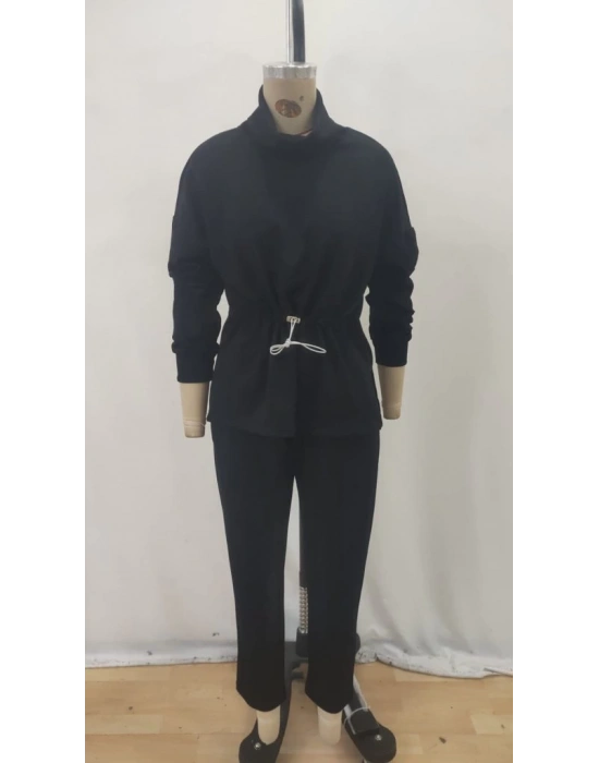 Kadın Uzun Kollu Balıkçı Yaka Belden Lastikli Modal Bluz Ve Pantolon Ikili Takım