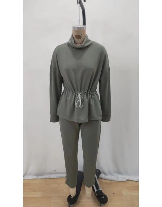 Kadın Uzun Kollu Balıkçı Yaka Belden Lastikli Modal Bluz Ve Pantolon Ikili Takım