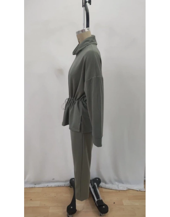 Kadın Uzun Kollu Balıkçı Yaka Belden Lastikli Modal Bluz Ve Pantolon Ikili Takım