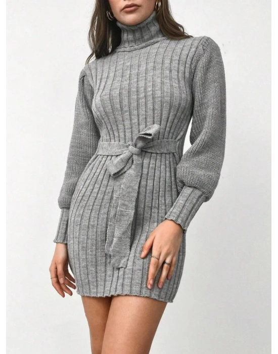 Kadın Uzun Kollu Balıkçı Yaka Beli Kuşaklı Mini Triko Elbise