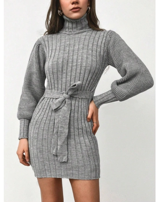 Kadın Uzun Kollu Balıkçı Yaka Beli Kuşaklı Mini Triko Elbise