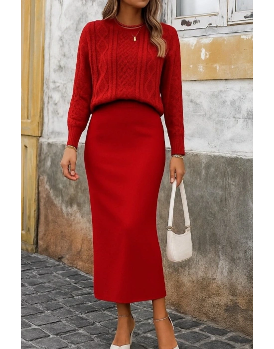 Kadın Uzun Kollu Balıkçı Yaka Bluz Ve Etek Ikili Triko Takım