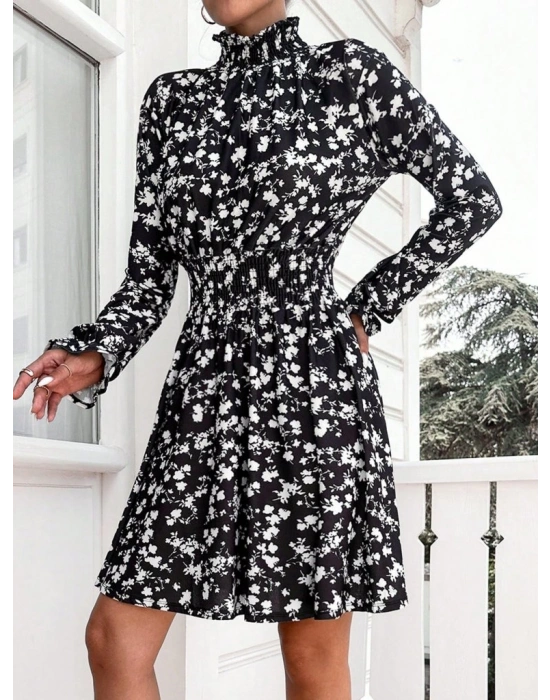 Kadın Uzun Kollu Balıkçı Yaka çiçek Baskılı Helen Kumaş Elbise