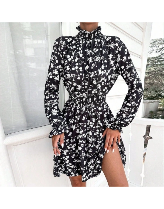 Kadın Uzun Kollu Balıkçı Yaka çiçek Baskılı Helen Kumaş Elbise