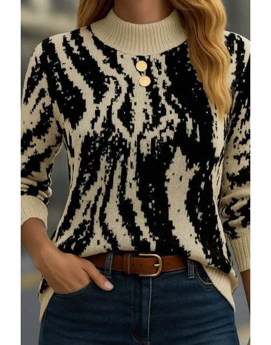 Kadın Uzun Kollu Balıkçı Yaka çok Renkli Triko Bluz