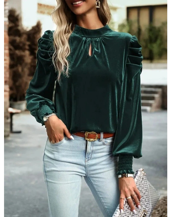 Kadın Uzun Kollu Balıkçı Yaka Damla Detaylı Kadife Bluz