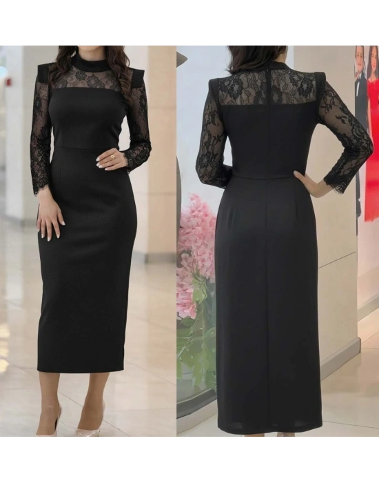 Kadın Uzun Kollu Balıkçı Yaka Dantel Detaylı Midi Ithal Krep Elbise