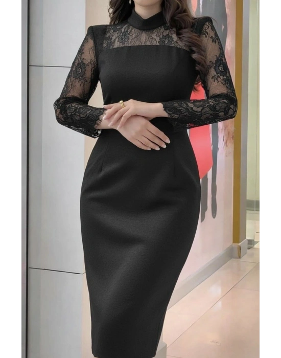 Kadın Uzun Kollu Balıkçı Yaka Dantel Detaylı Midi Ithal Krep Elbise