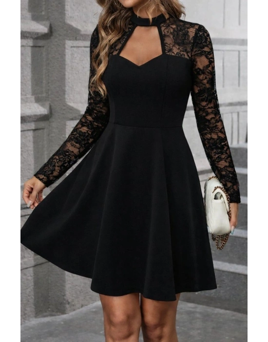 Kadın Uzun Kollu Balıkçı Yaka Dantelli Ithal Krep Kısa Kiloş Elbise