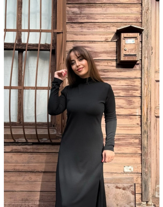 Kadın Uzun Kollu Balıkçı Yaka Derin Yırtmaç Detay Krep Elbise