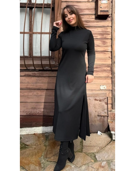 Kadın Uzun Kollu Balıkçı Yaka Derin Yırtmaç Detay Krep Elbise