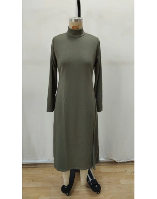 Kadın Uzun Kollu Balıkçı Yaka Derin Yırtmaç Detay Krep Elbise