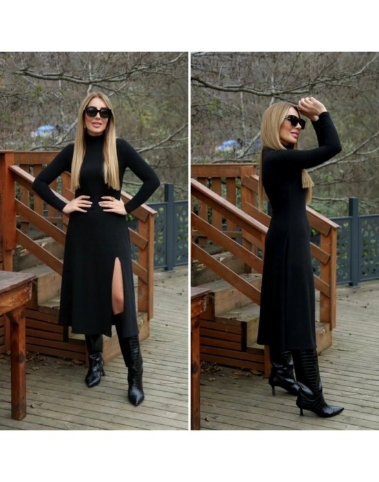 Kadın Uzun Kollu Balıkçı Yaka Derin Yırtmaç Detay Krep Elbise