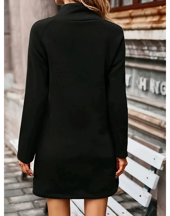 Kadın Uzun Kollu Balıkçı Yaka Düğme Detaylı Kısa şardonlu Dalgıç Elbise