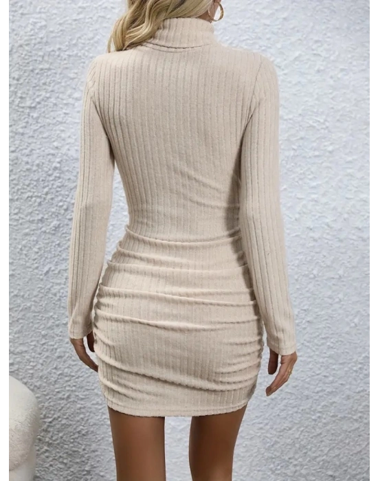 Kadın Uzun Kollu Balıkçı Yaka Eteği Büzgülü şardonlu Kaşkorse Mini Elbise