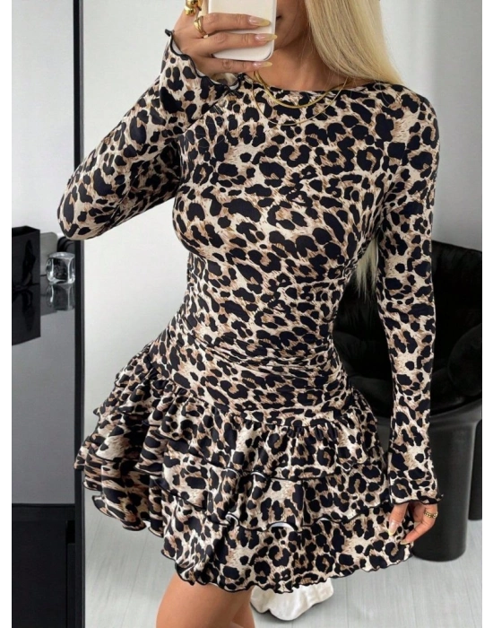 Kadın Uzun Kollu Balıkçı Yaka Fırfırlı Leopar Desenli Modal Elbise