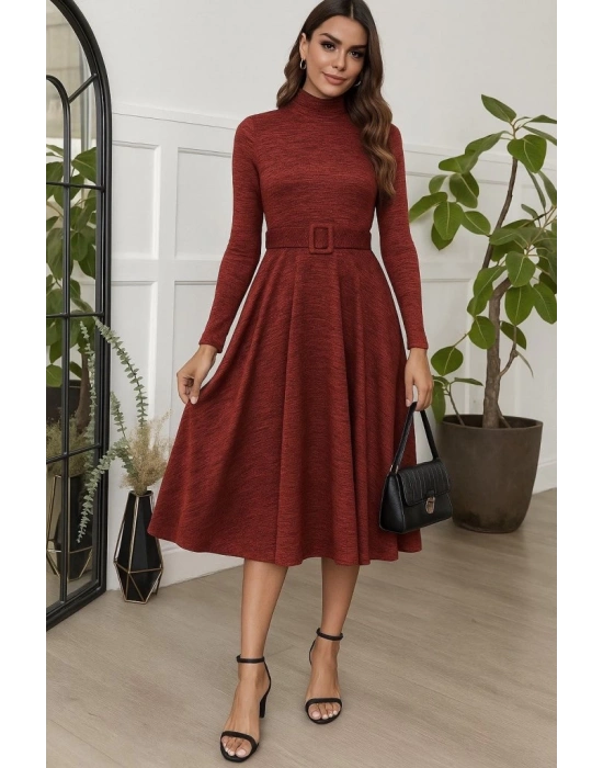 Kadın Uzun Kollu Balıkçı Yaka Kemer Detaylı Yumoş Midi Elbise