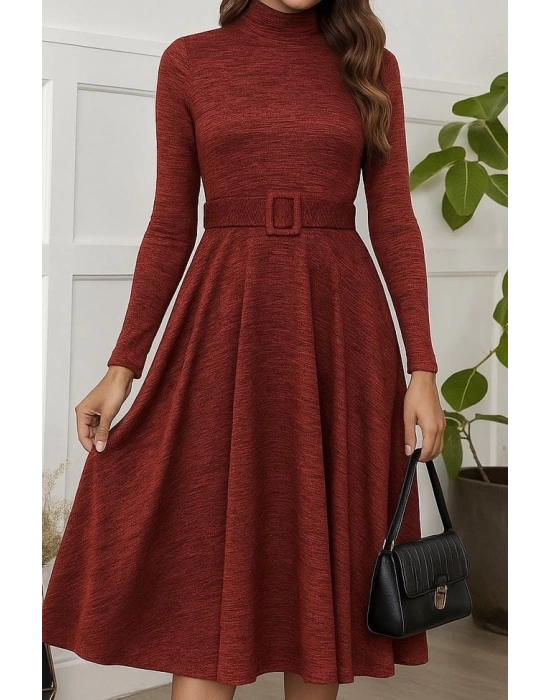 Kadın Uzun Kollu Balıkçı Yaka Kemer Detaylı Yumoş Midi Elbise