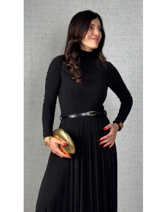 Kadın Uzun Kollu Balıkçı Yaka Kemersiz Pileli Uzun Sandy Elbise